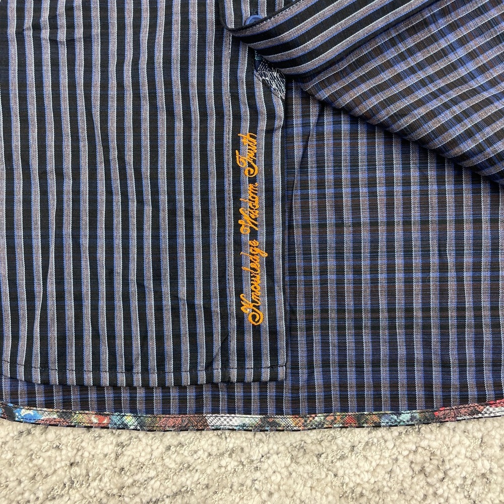 Robert Graham Shirt Men Large Flip Cuff Classic Fit Striped Geometric Black Blue - Picture 5 of 12